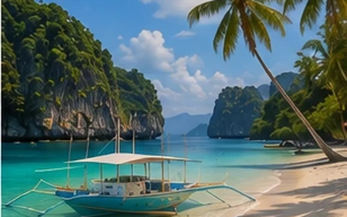 Philippines – a tropical beach with a traditional outrigger boat, a popular Philippine travel destination